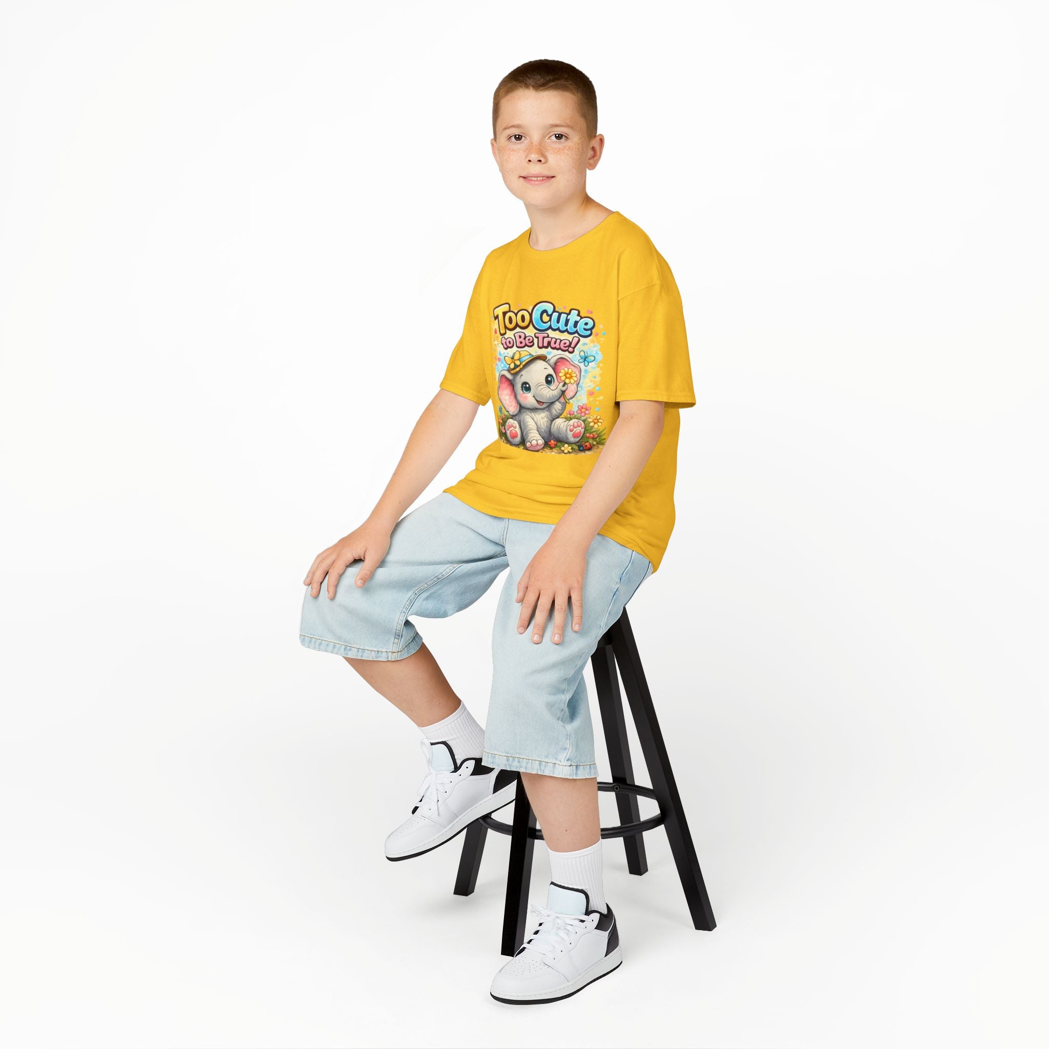Kids Tee — "Too Cute to Be True" Elephant Graphic