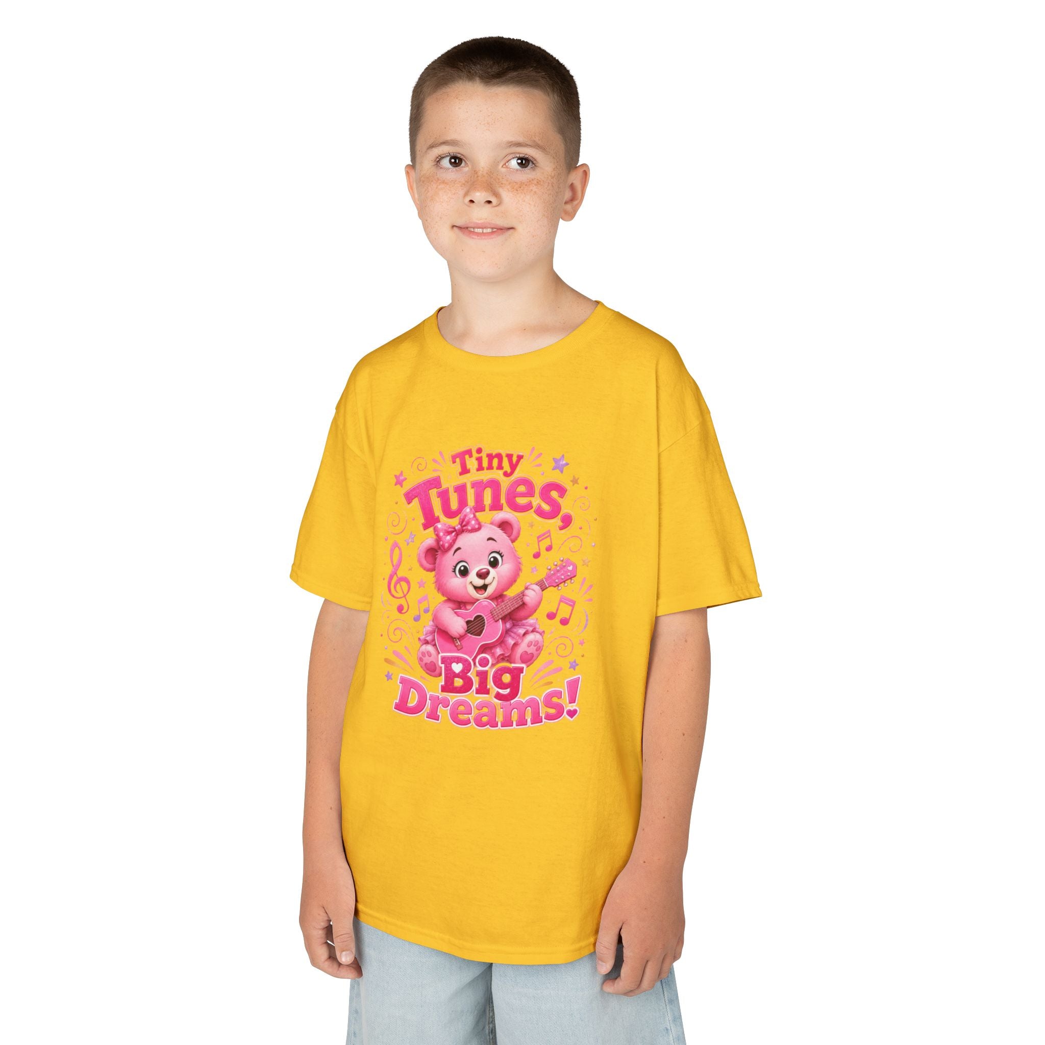 Kids T-Shirt — "Tiny Tunes, Big Dreams" Cute Pink Bear Music Tee