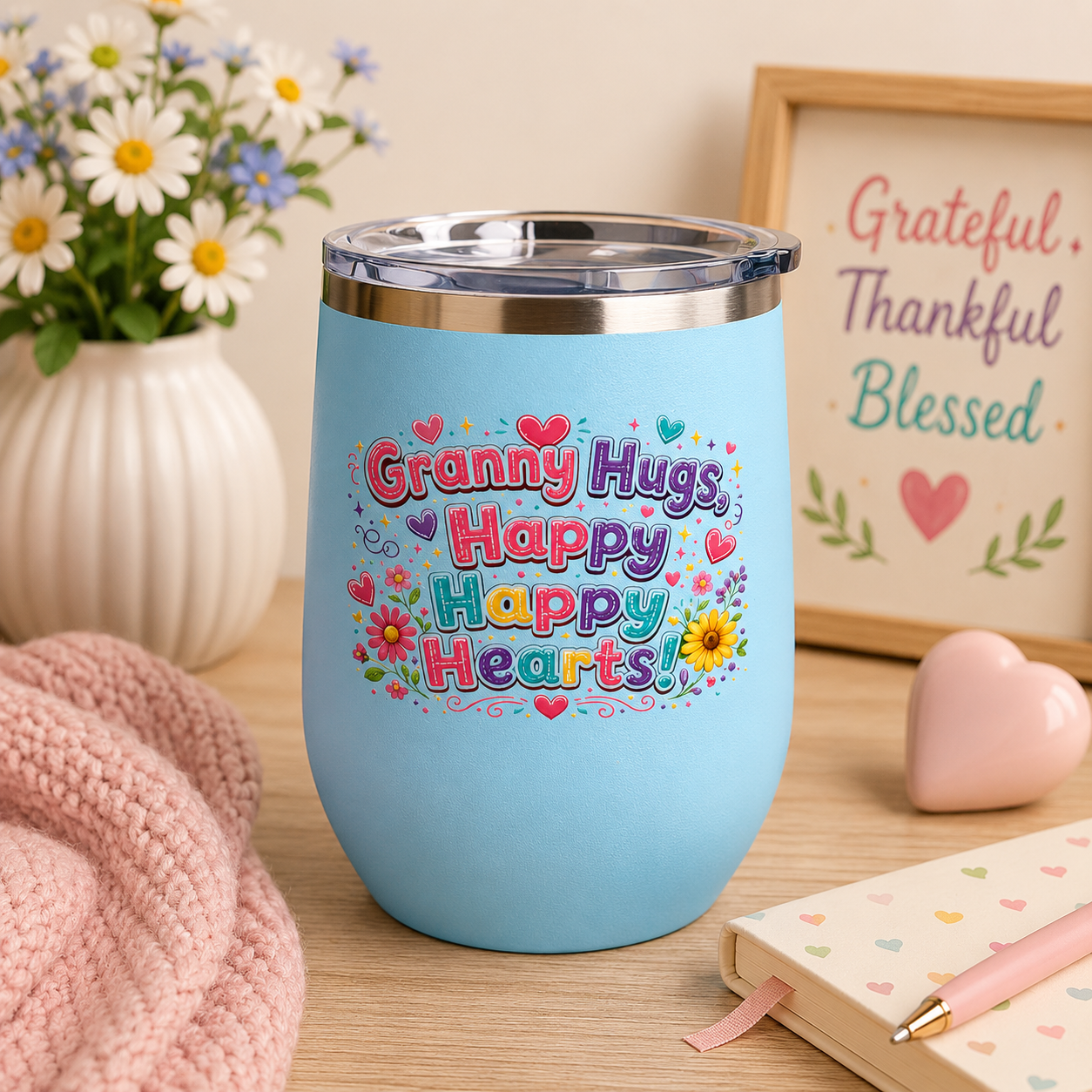 "Granny Hugs, Happy Happy Hearts" Floral 12oz Insulated Cup