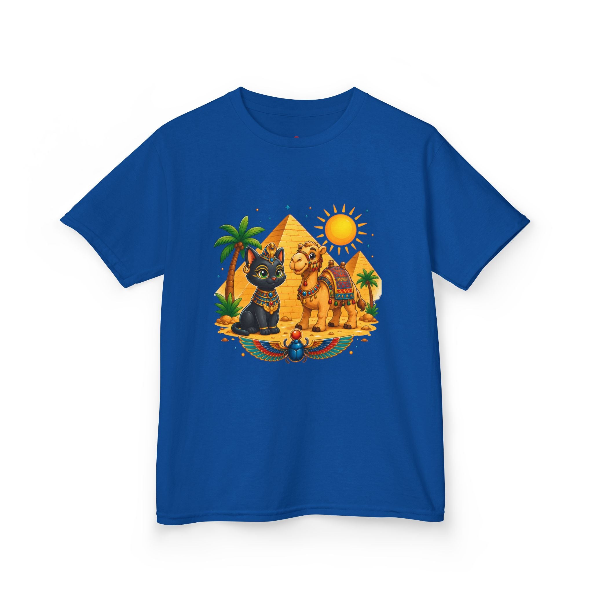 Egyptian Cats and Camel Kids Tee | Pyramid Desert Sun Illustration