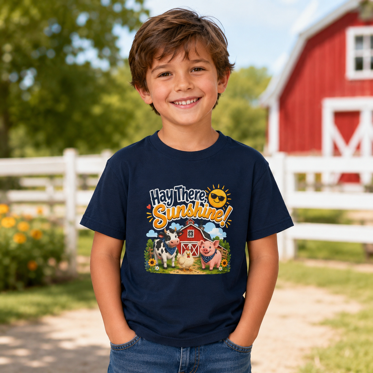 Kids Tee — "Hay There, Sunshine!" Farm Animal Graphic