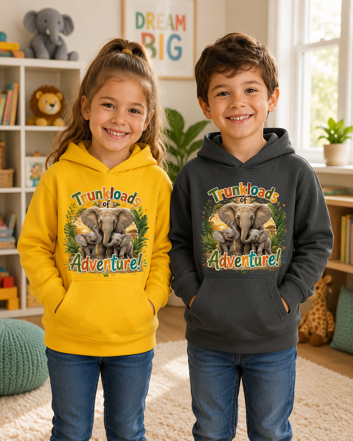 Kids Hoodie — "Trunkloads of Adventure" Elephant Graphic Hoodie for Children