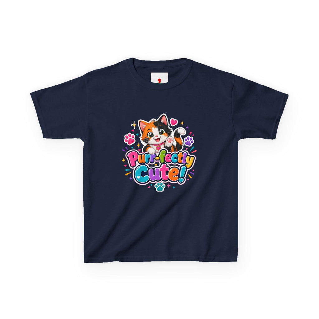 Kids Tee — “Purr-fectly Cute!” Colorful Calico Cat Graphic