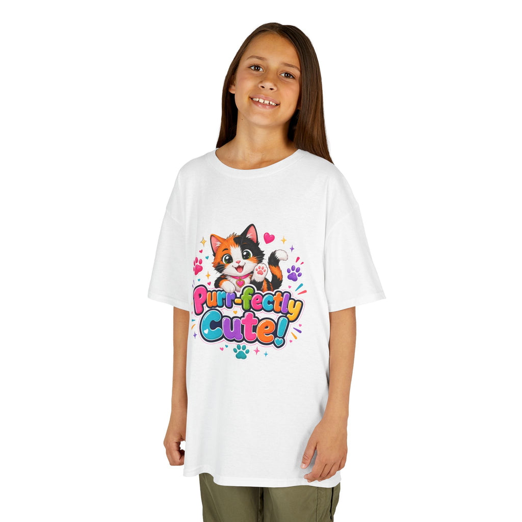 Kids Tee — “Purr-fectly Cute!” Colorful Calico Cat Graphic