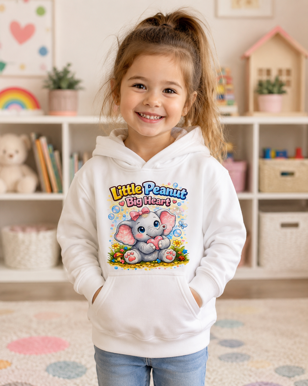 Kids Hoodie - "Little Peanut Big Heart" Cute Baby Elephant Graphic Pullover