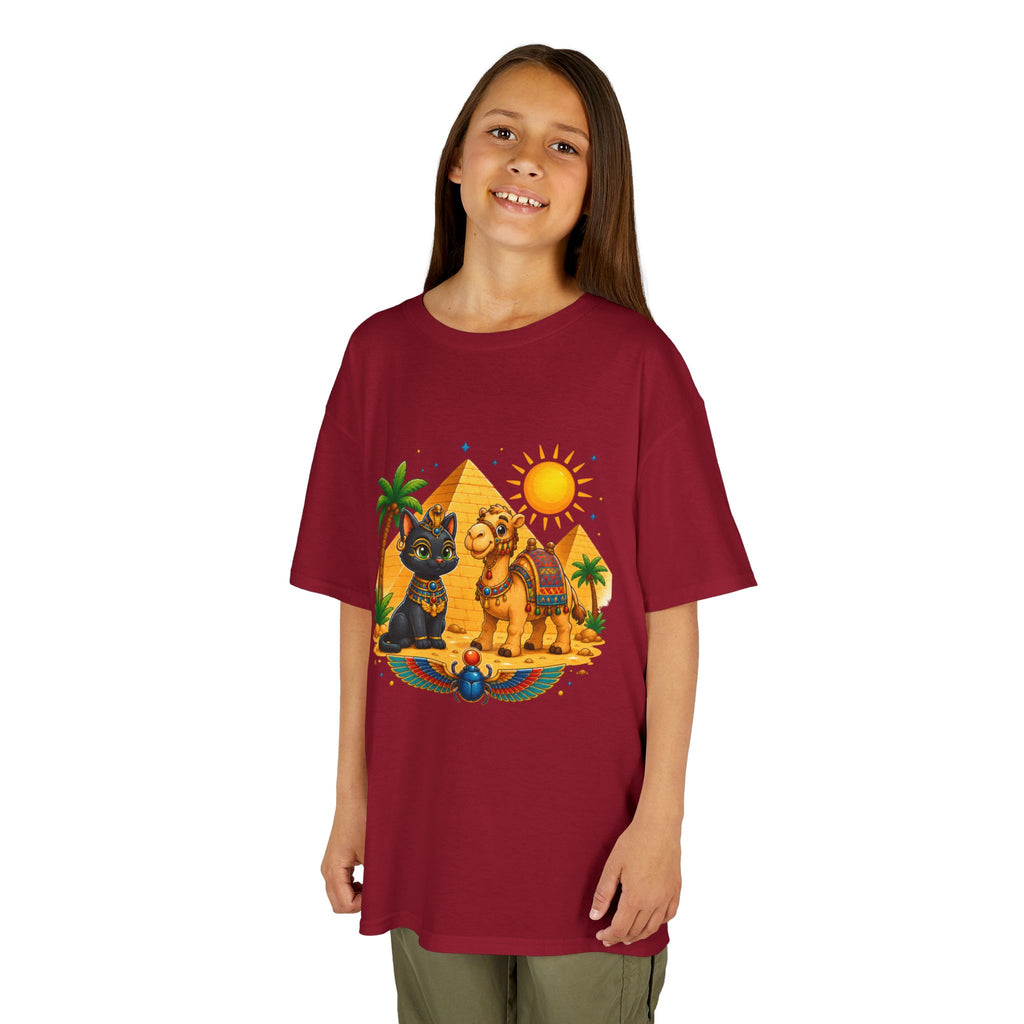 Egyptian Cats and Camel Kids Tee | Pyramid Desert Sun Illustration