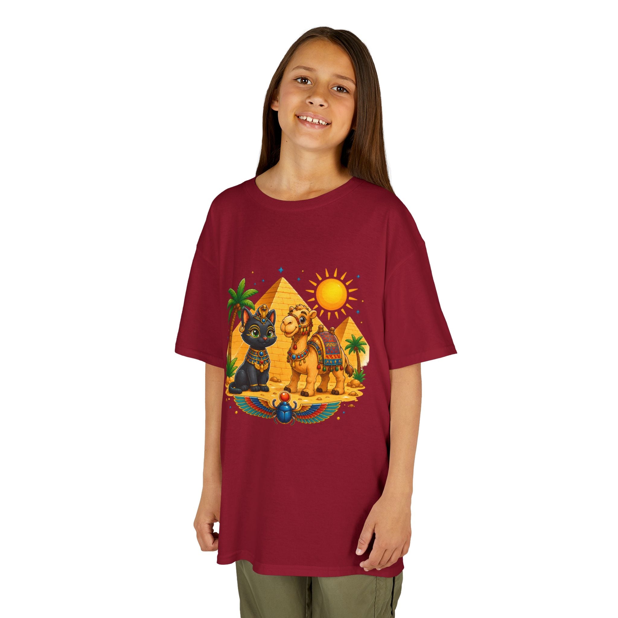 Egyptian Cats and Camel Kids Tee | Pyramid Desert Sun Illustration