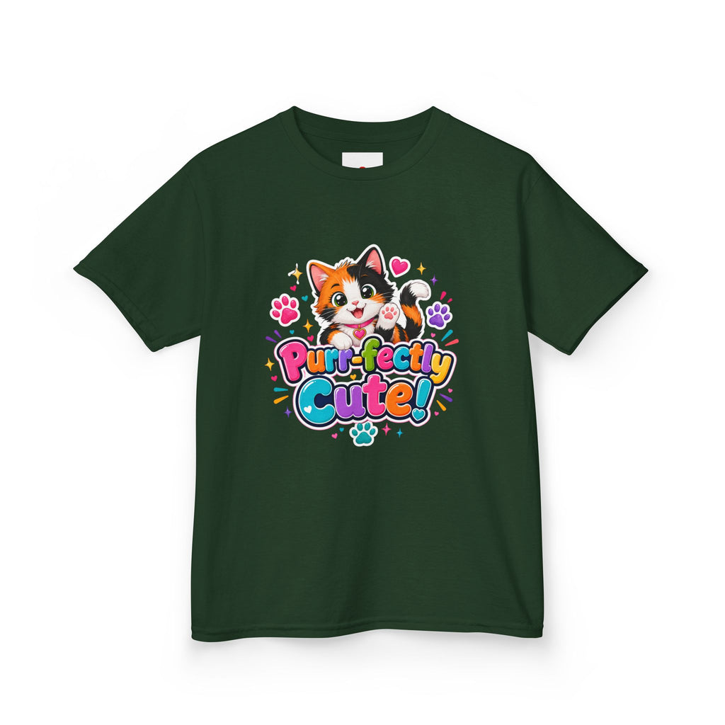 Kids Tee — “Purr-fectly Cute!” Colorful Calico Cat Graphic