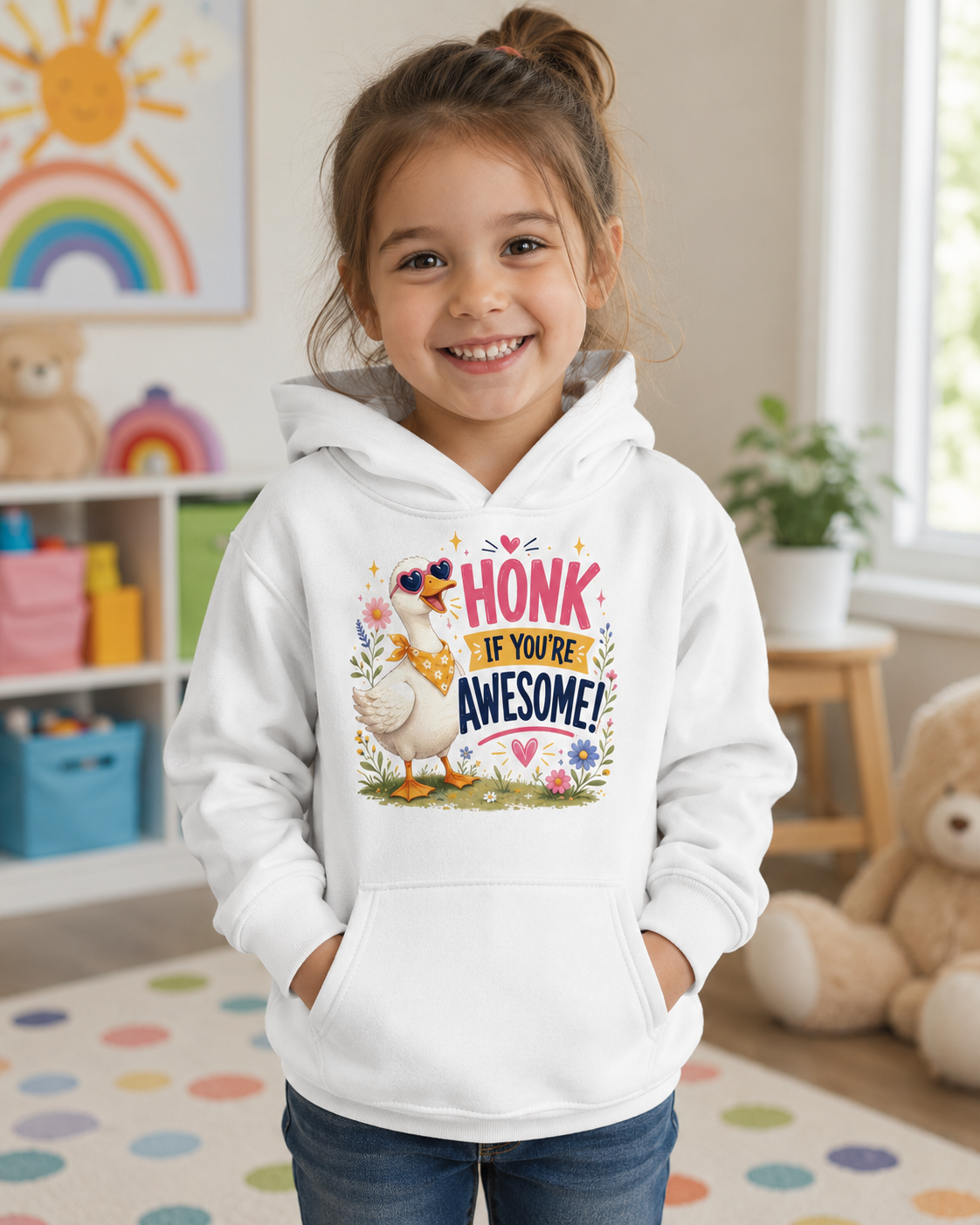 Kids Hoodie — "Honk If You're Awesome" Cute Goose Pullover for Children