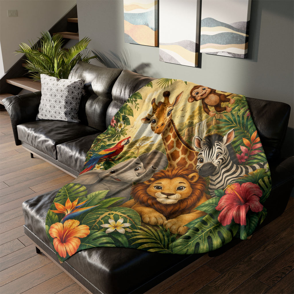 Safari Animal Friends Blanket | Jungle Lion Giraffe Elephant Zebra Monkey Parrot