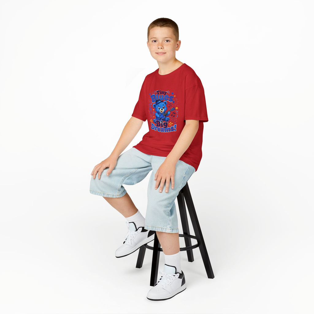 Kids Tee - "Tiny Blues, Big Dreams!" Cute Blue Bear Music Graphic