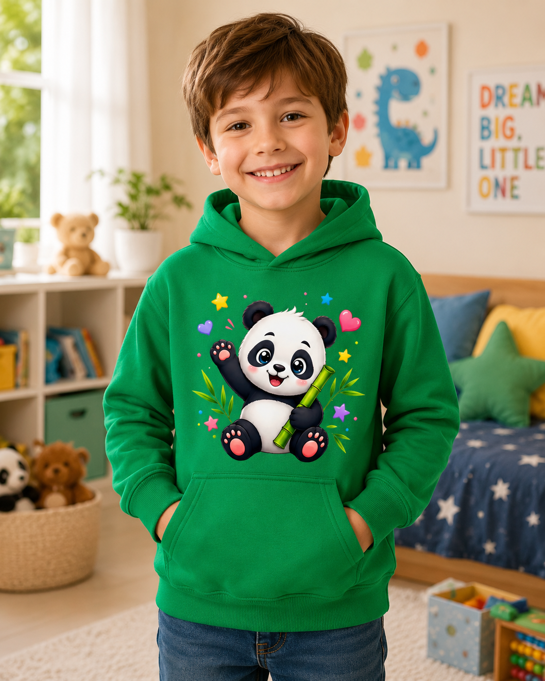 Kids Hoodie — Cute Smiling Panda with Bamboo & Hearts