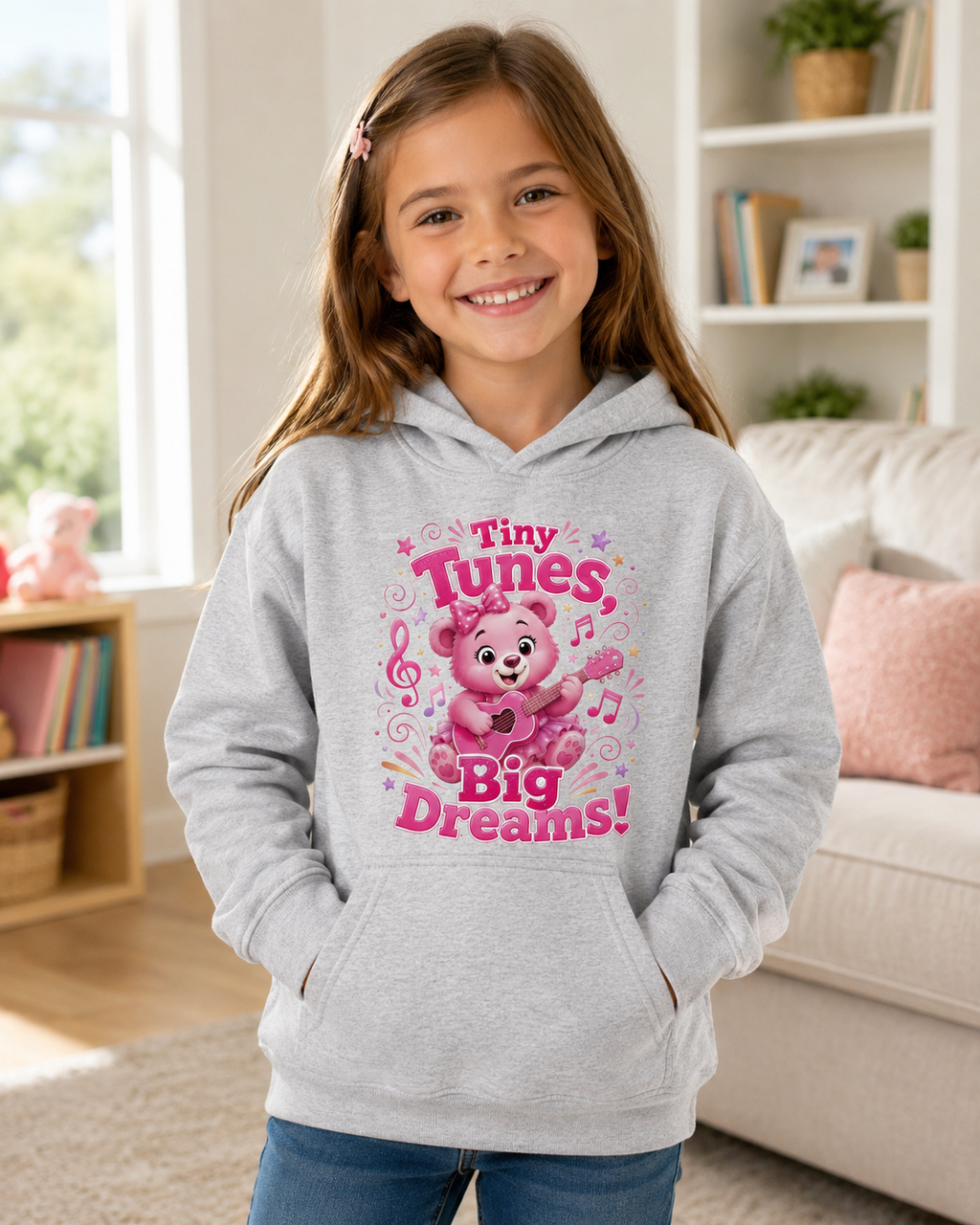 Kids Hoodie — "Tiny Tunes, Big Dreams" Pink Musical Bear Hoodie for Toddlers