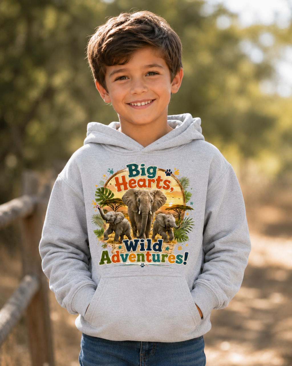 Kids Hoodie — "Big Hearts, Wild Adventures!" Elephant Safari Graphic