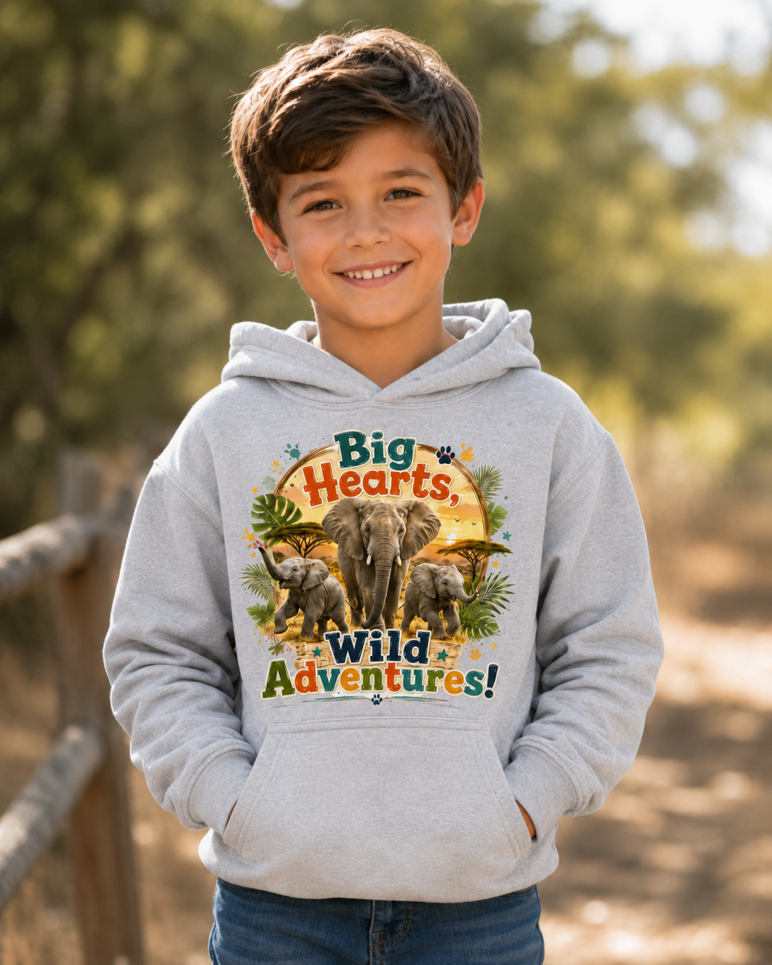 Kids Hoodie — "Big Hearts, Wild Adventures!" Elephant Safari Graphic