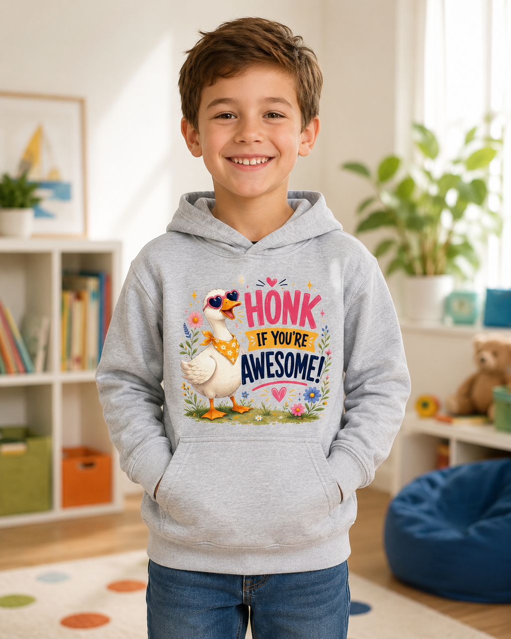 Kids Hoodie — "Honk If You're Awesome" Cute Goose Pullover for Children