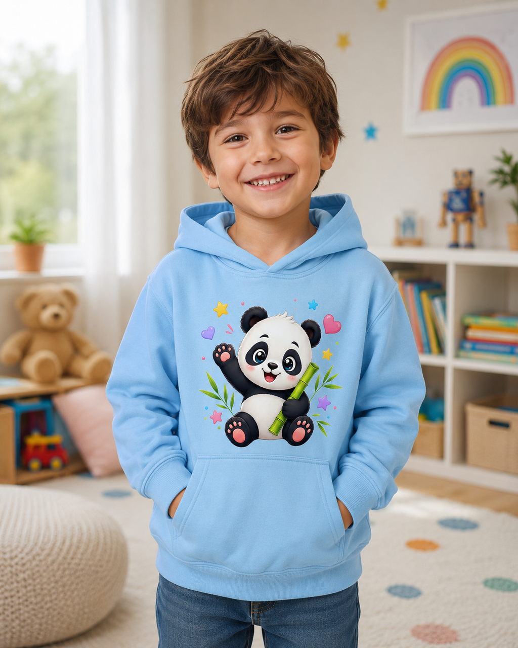 Kids Hoodie — Cute Smiling Panda with Bamboo & Hearts