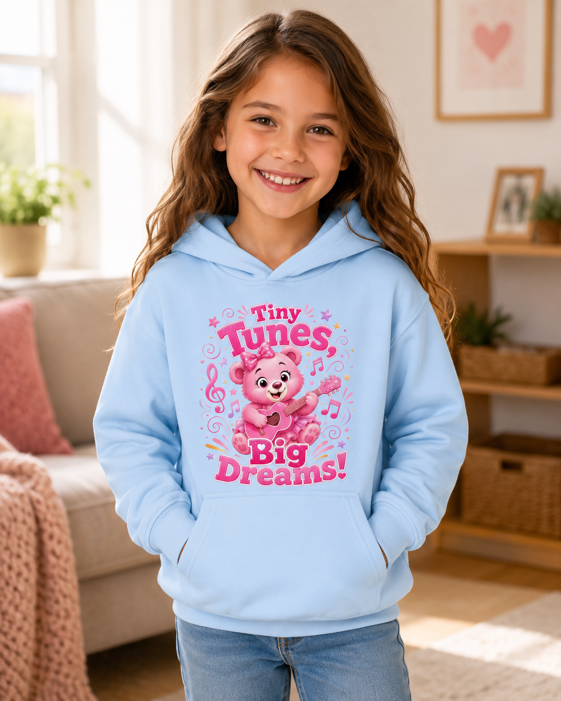 Kids Hoodie — "Tiny Tunes, Big Dreams" Pink Musical Bear Hoodie for Toddlers