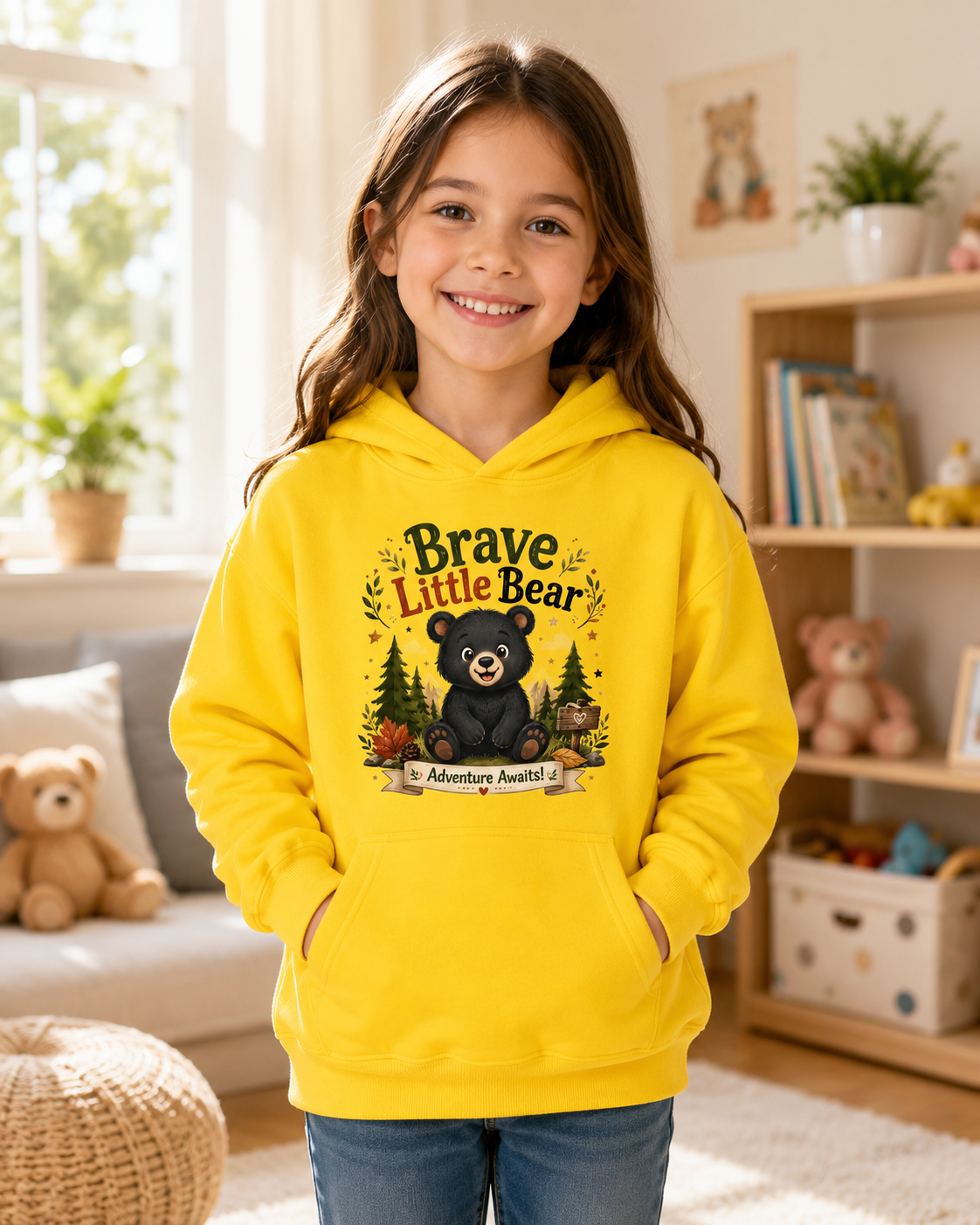 Brave Little Bear Kids Hoodie — 'Adventure Awaits' Woodland Bear Sweatshirt