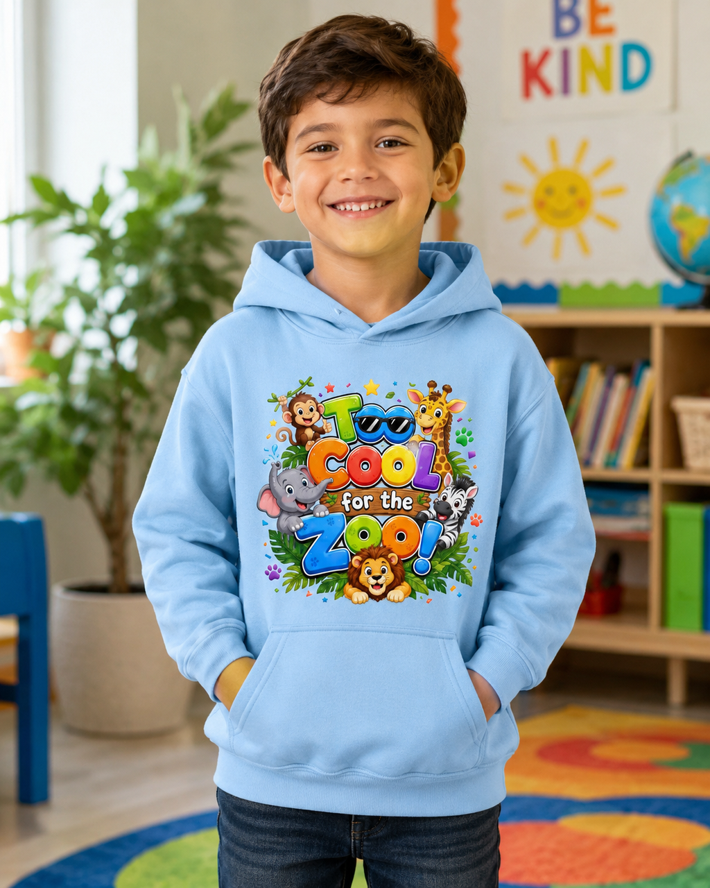 Too Cool for the Zoo Kids Hoodie — Cute Jungle Animals Graphic Hoodie
