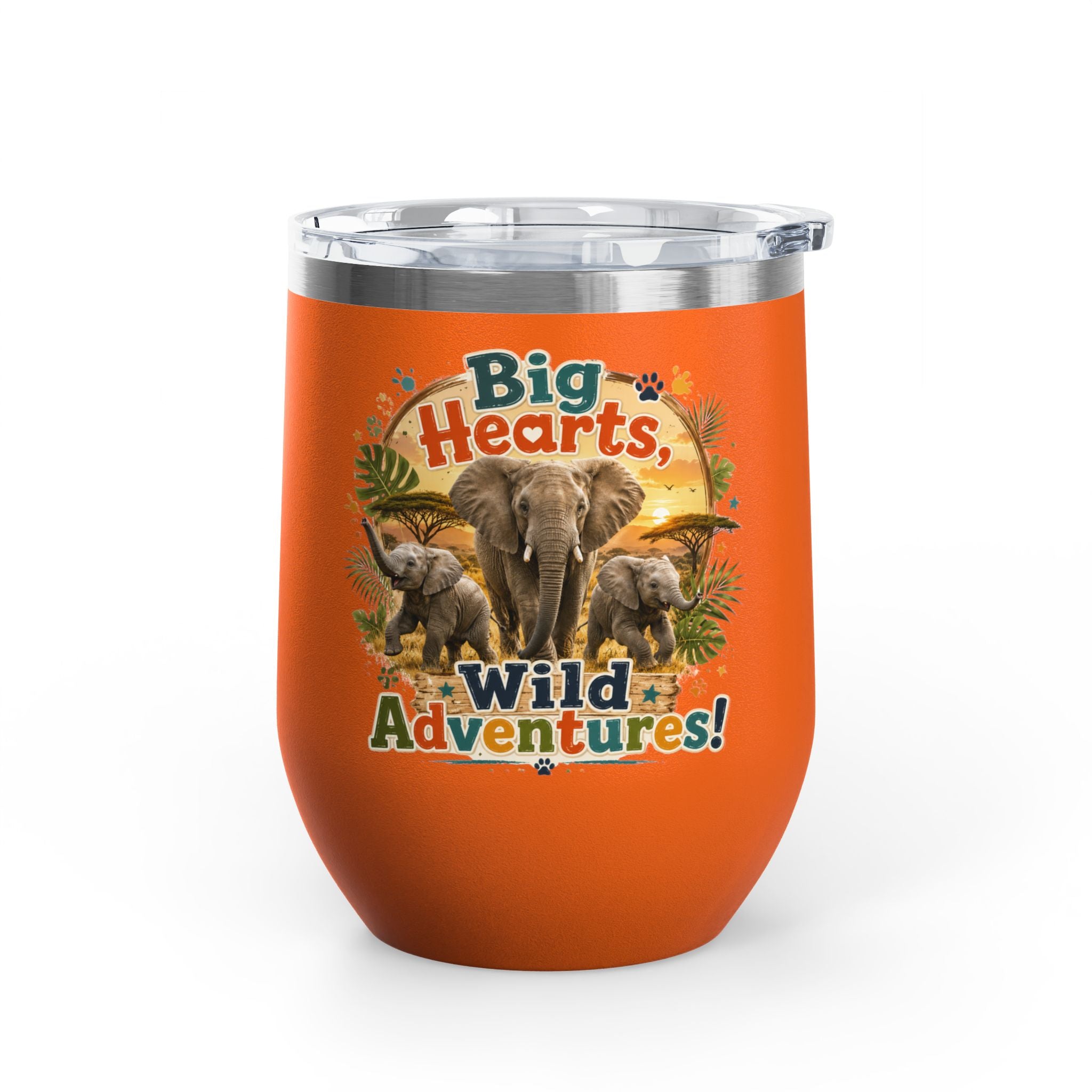 12oz Tumbler — "Big Hearts, Wild Adventures!" Elephant Safari Travel Cup