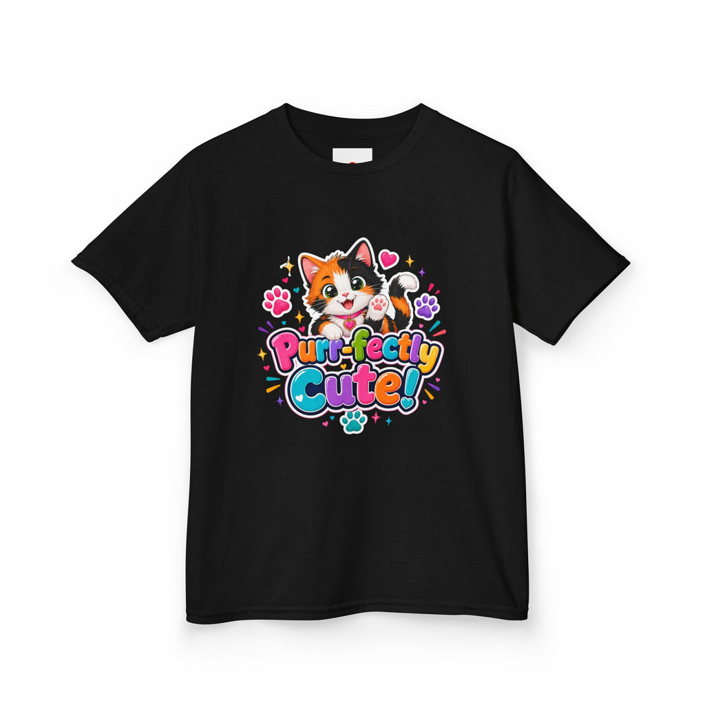 Kids Tee — “Purr-fectly Cute!” Colorful Calico Cat Graphic