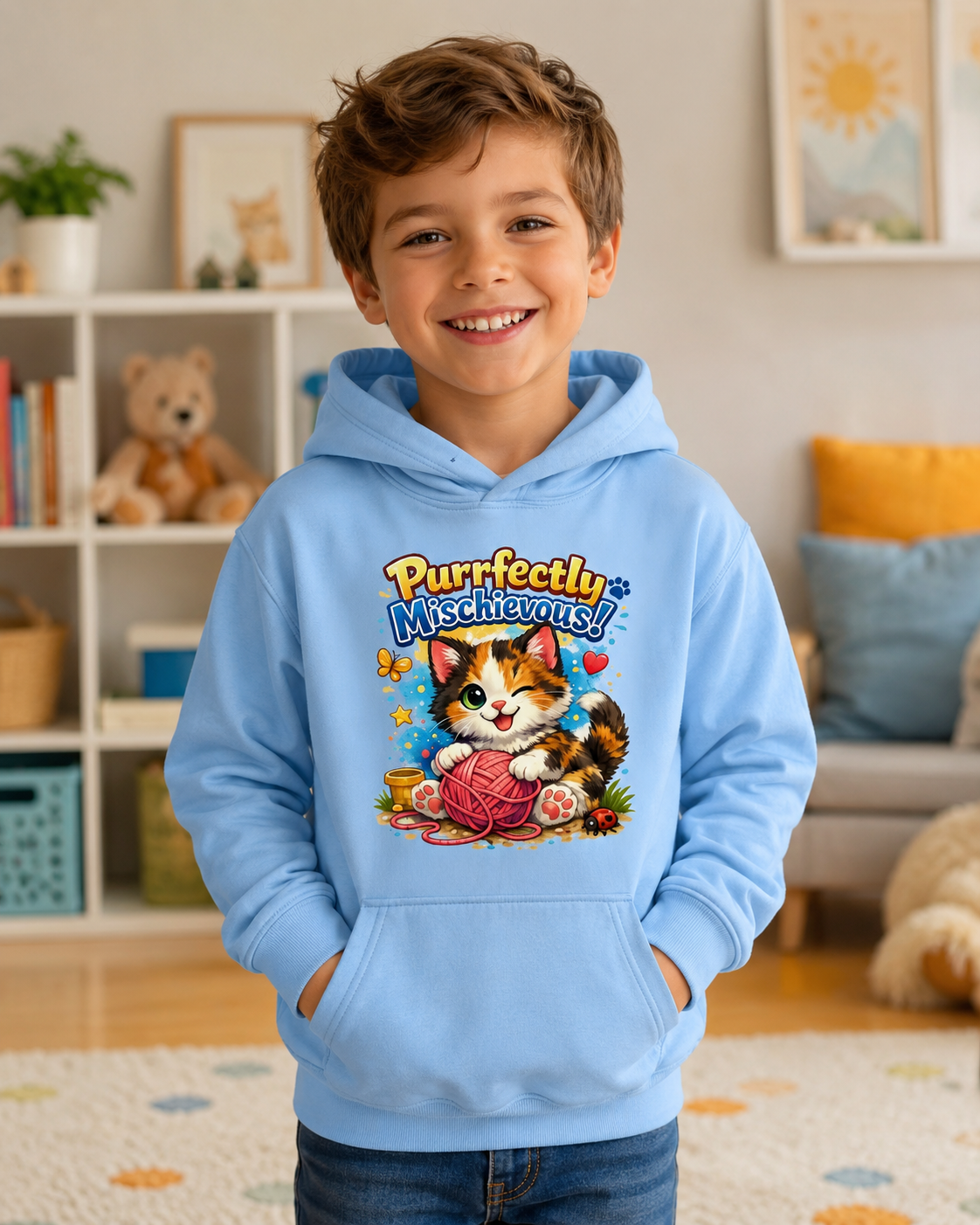 Kids Hoodie — "Purrfectly Mischievous" Cat Graphic Hoodie for Children