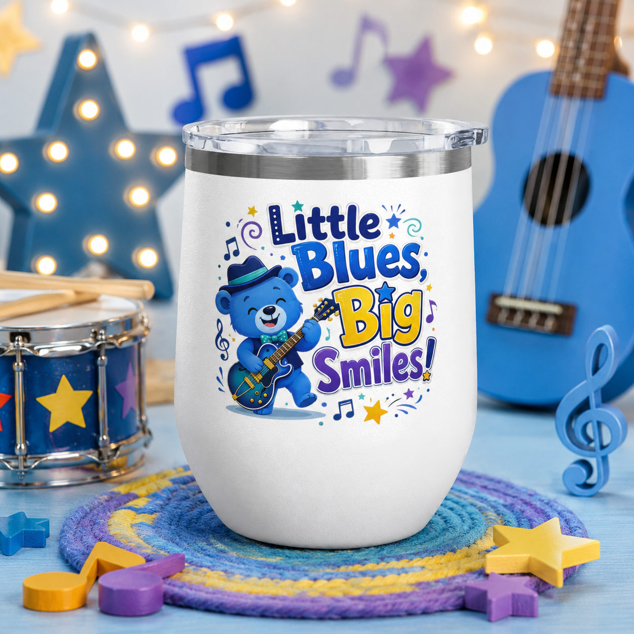 "Little Blues, Big Smiles" Cute Blue Bear Music 12oz Insulated