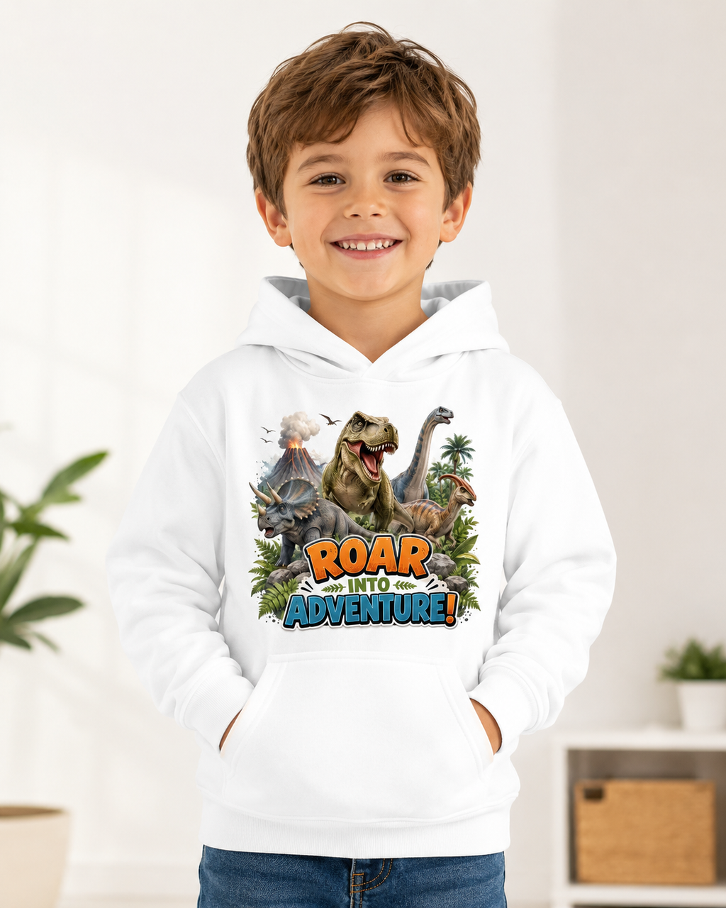 Kids Hoodie - "Roar Into Adventure" Dinosaur Hoodie for Boys & Girls, T‑Rex Graphic Pullover