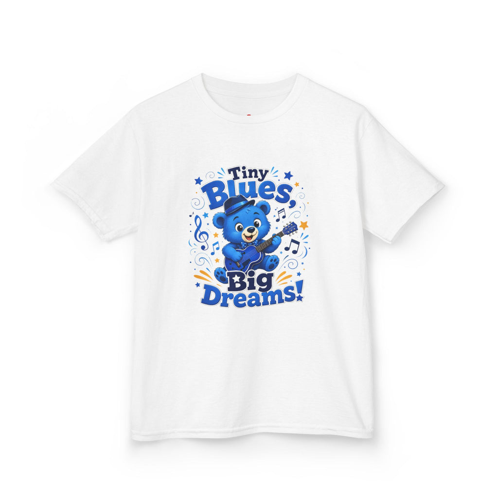 Kids Tee - "Tiny Blues, Big Dreams!" Cute Blue Bear Music Graphic