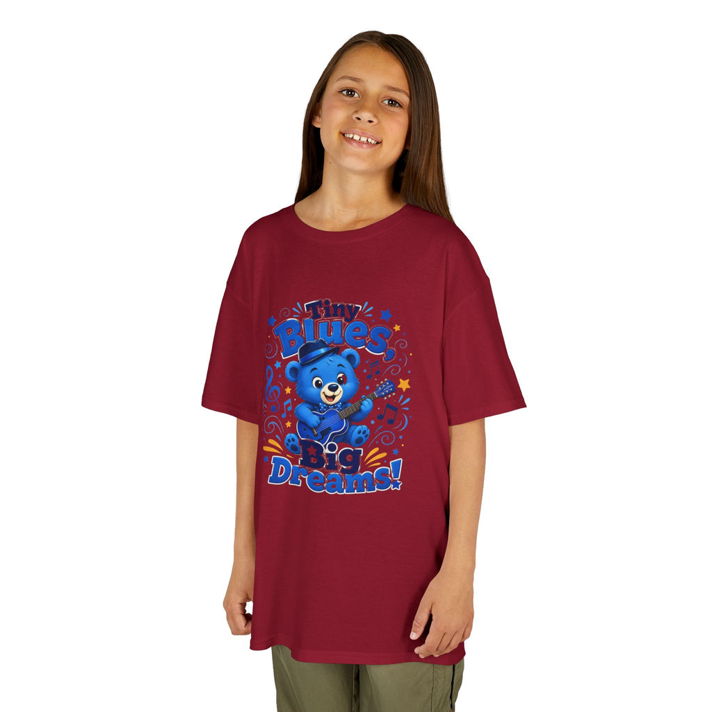 Kids Tee - "Tiny Blues, Big Dreams!" Cute Blue Bear Music Graphic
