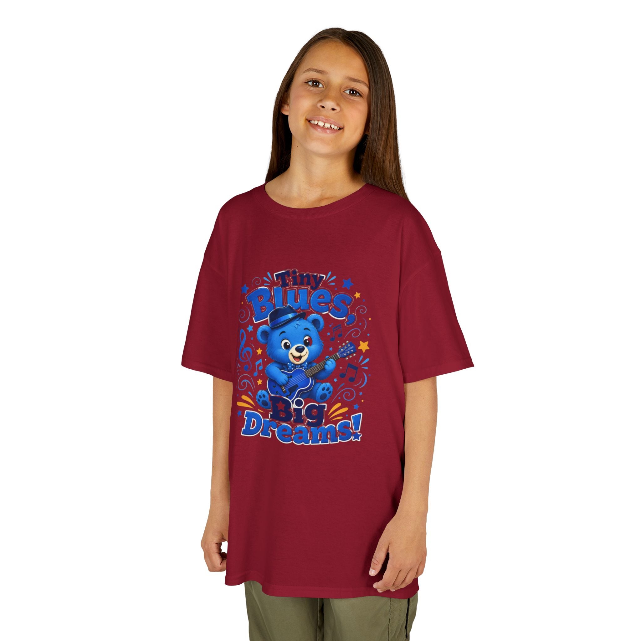 Kids Tee - "Tiny Blues, Big Dreams!" Cute Blue Bear Music Graphic