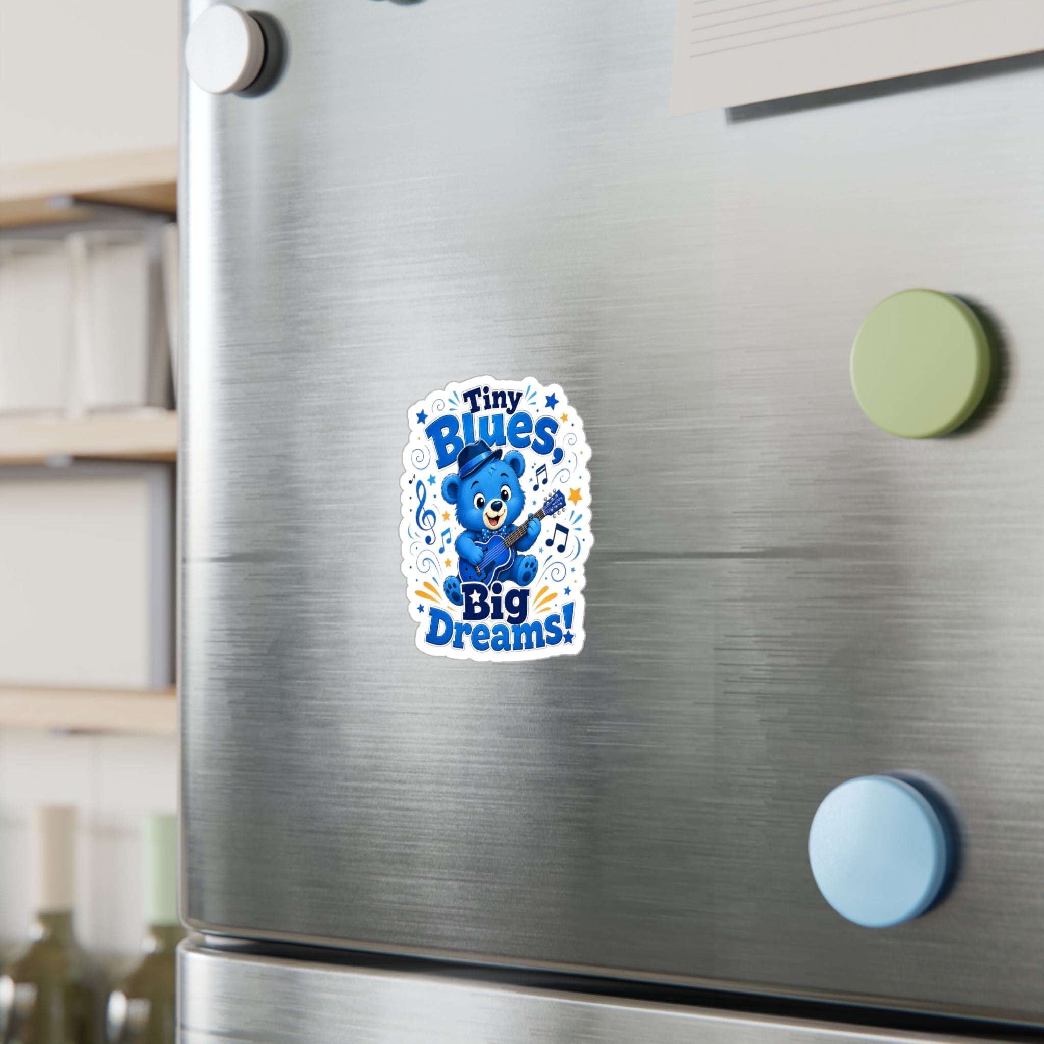 Tiny Blues Big Dreams Sticker — Cute Blue Bear Guitar Kiss-Cut Vinyl Decal