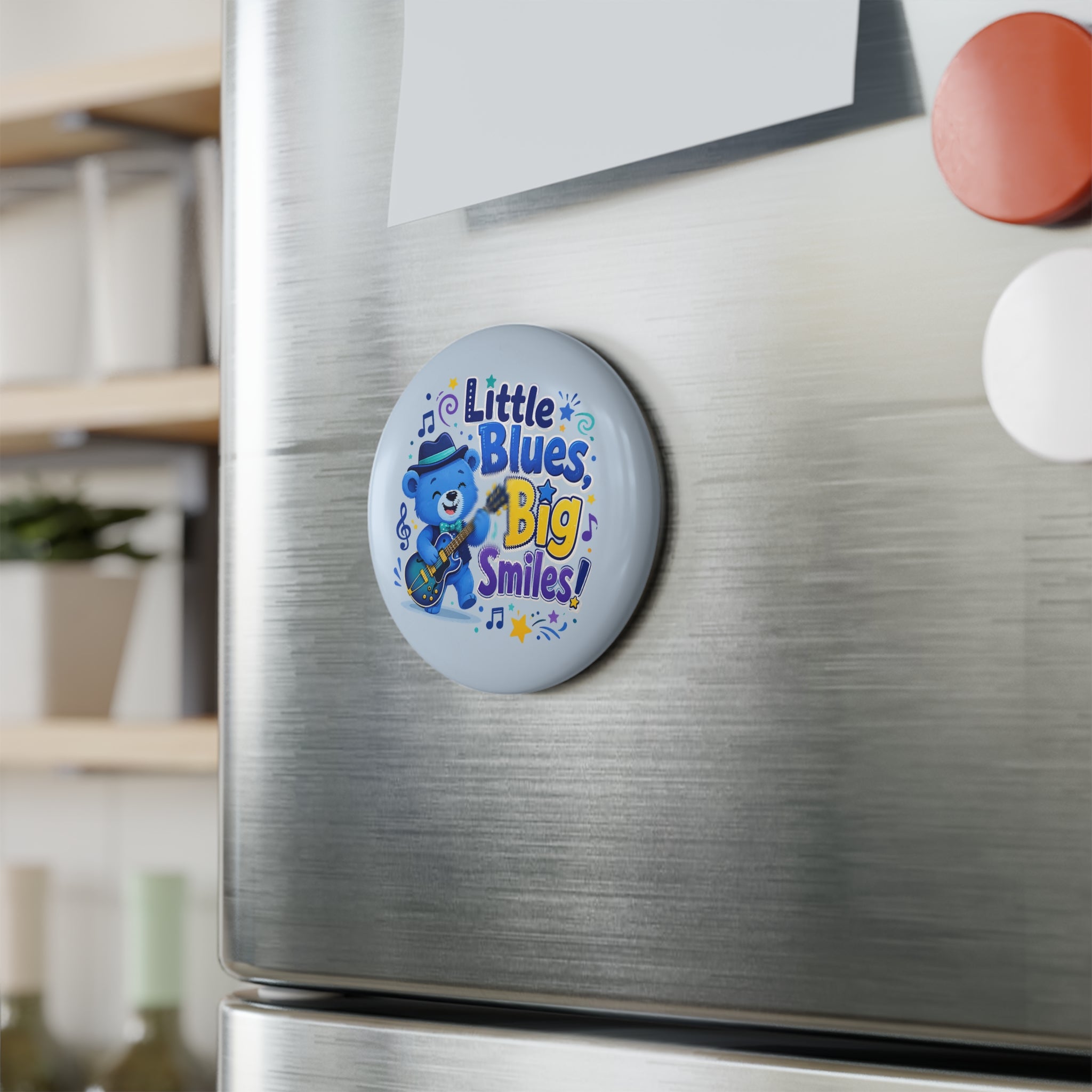 Little Blues, Big Smiles Round Magnet — Cute Blue Bear Guitar Kids Fridge Magnet
