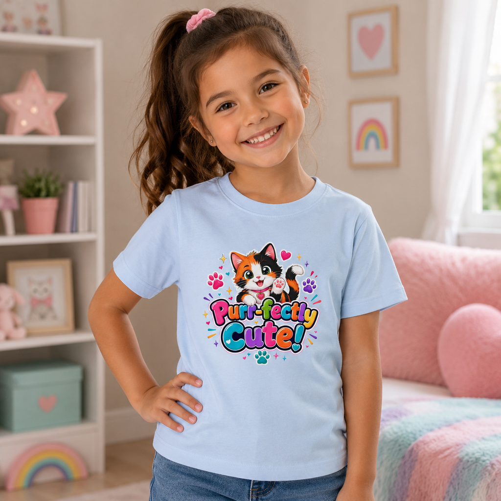 Kids Tee — “Purr-fectly Cute!” Colorful Calico Cat Graphic