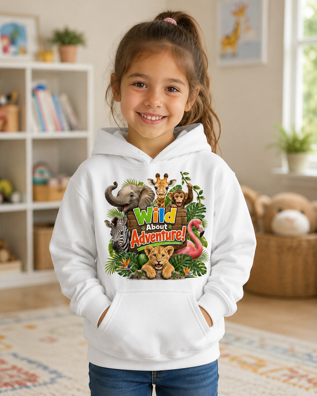 Kids Hoodie - "Wild About Adventure" Cute Jungle Animal Graphic Hoodie for Boys & Girls