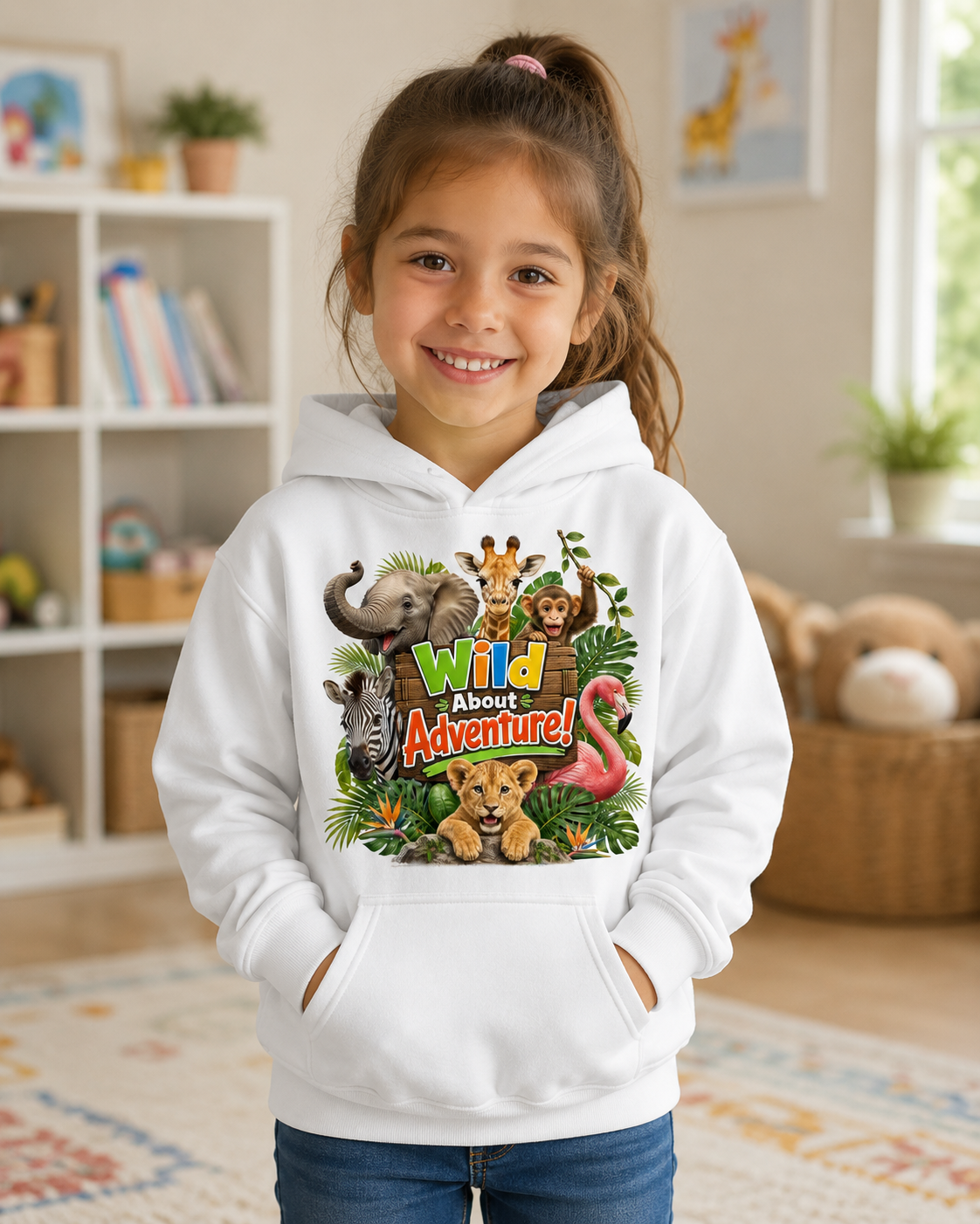 Kids Hoodie - "Wild About Adventure" Cute Jungle Animal Graphic Hoodie for Boys & Girls