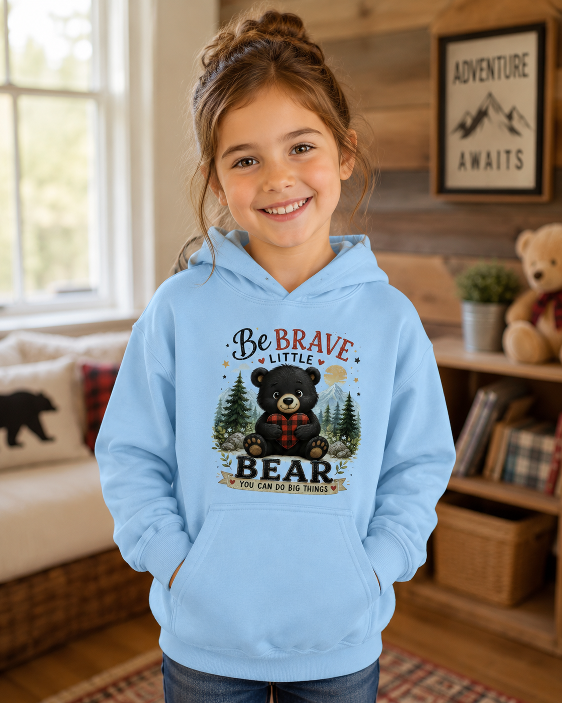 Be Brave Little Bear Kids Hoodie – Cute Woodland Bear Inspirational Sweatshirt for Boys & Girls