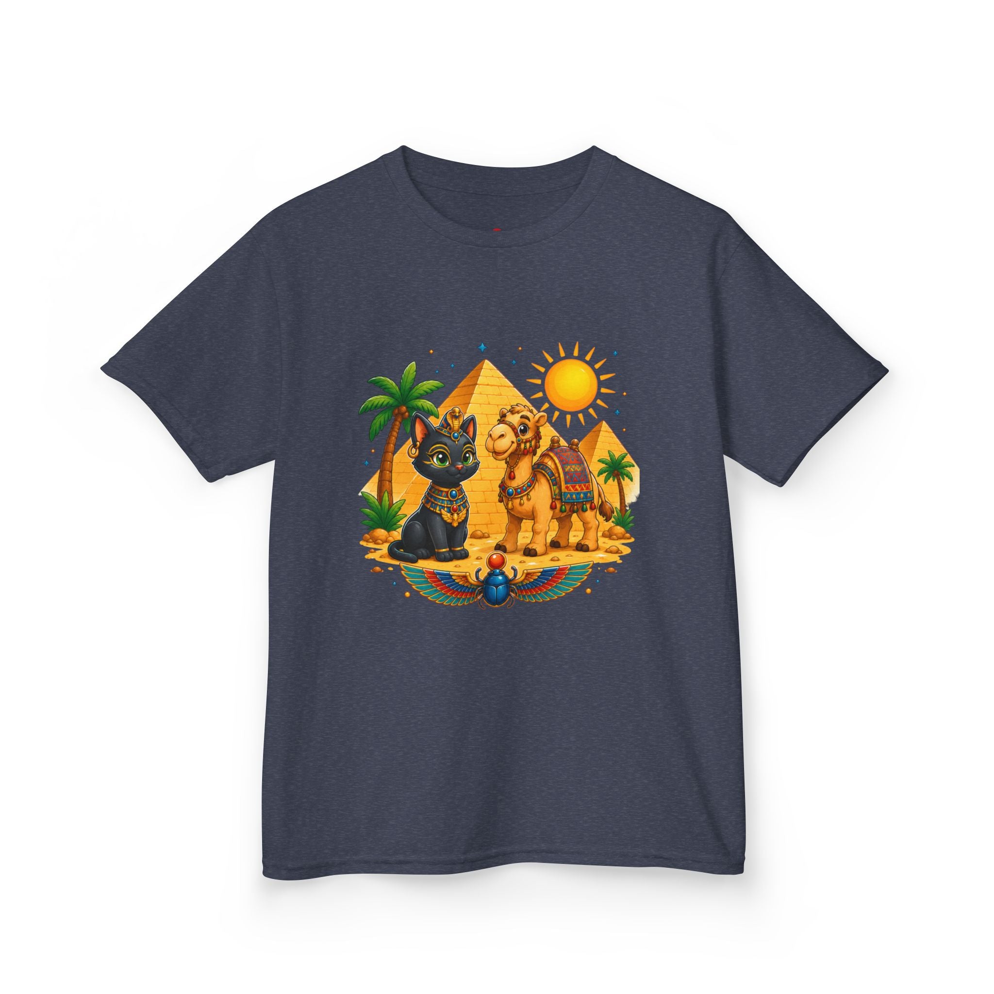 Egyptian Cats and Camel Kids Tee | Pyramid Desert Sun Illustration
