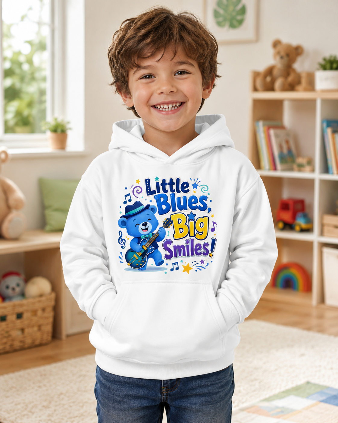 Kids Hoodie - "Little Blues, Big Smiles" Cute Blue Bear Guitar Hoodie for Toddlers