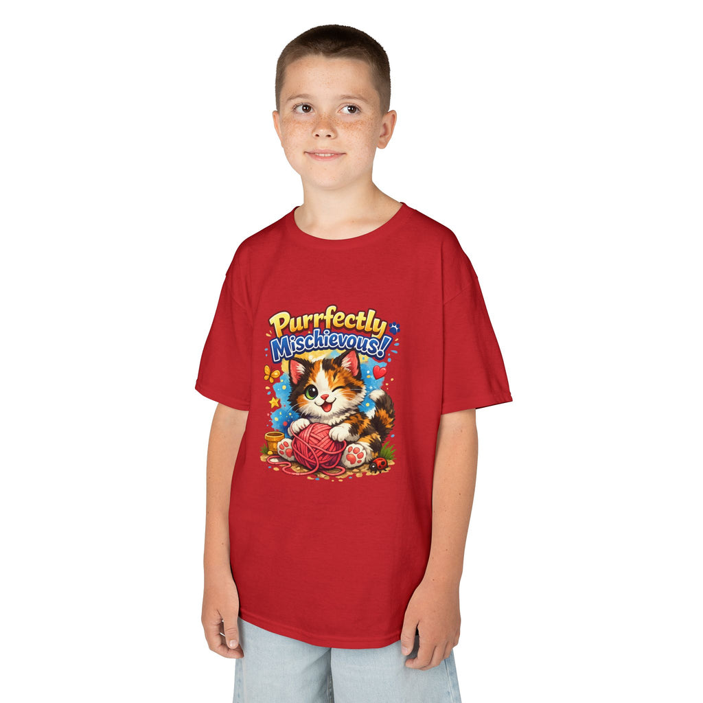 Kids T-Shirt — "Purrfectly Mischievous" Cute Kitten Playing with Yarn