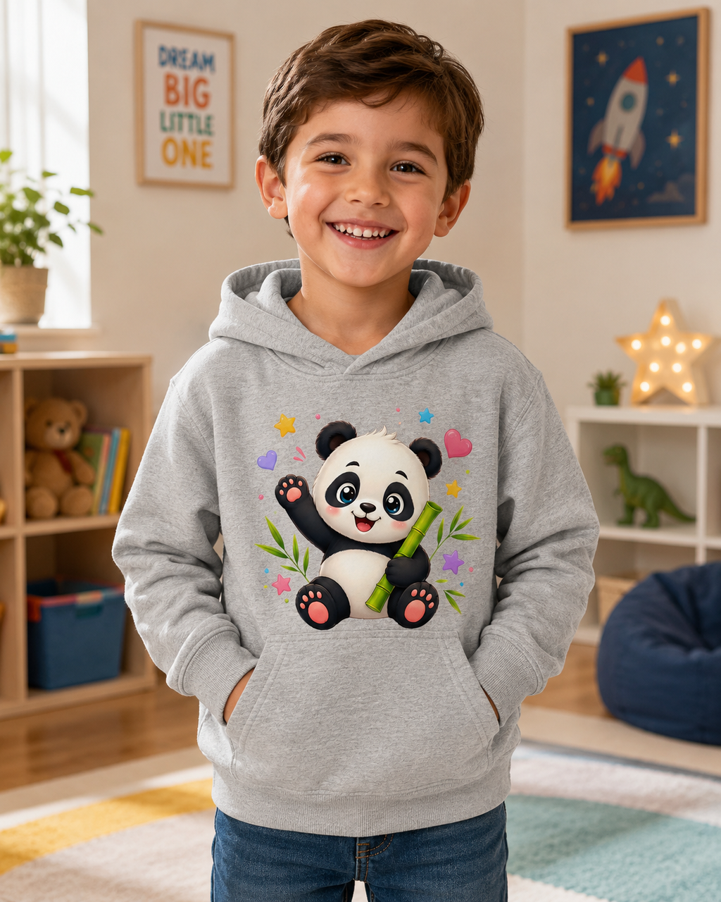 Kids Hoodie — Cute Smiling Panda with Bamboo & Hearts