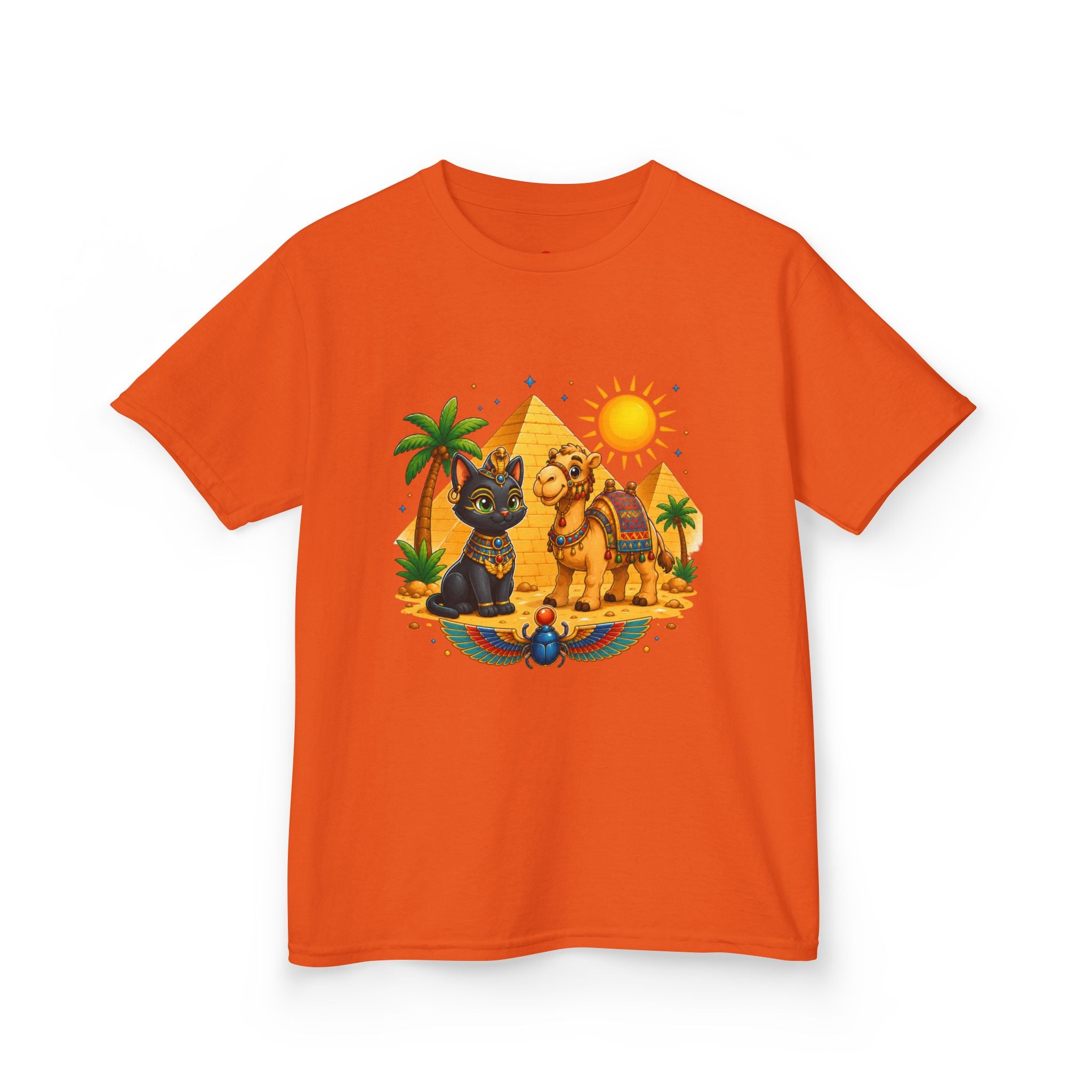 Egyptian Cats and Camel Kids Tee | Pyramid Desert Sun Illustration
