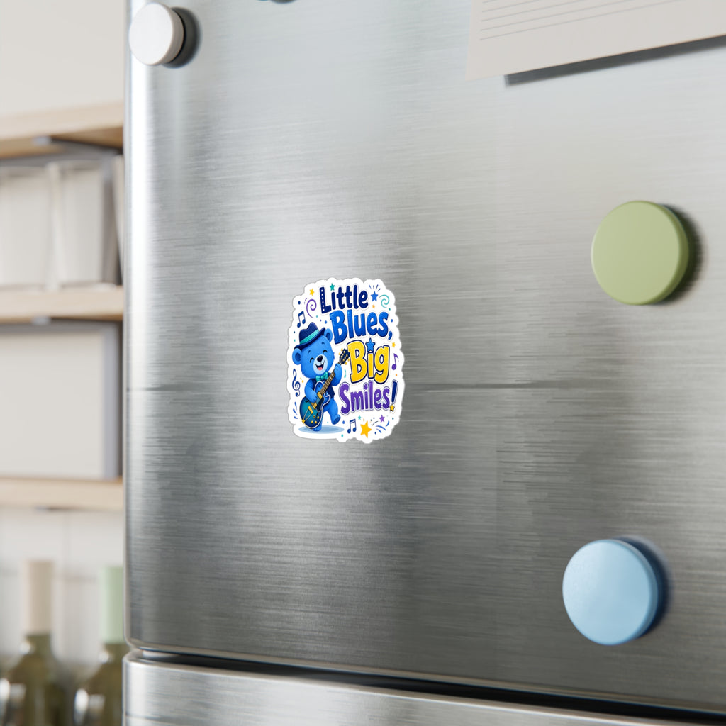 Little Blues Big Smiles Sticker — Cute Guitar Bear Kiss-Cut Vinyl Decal