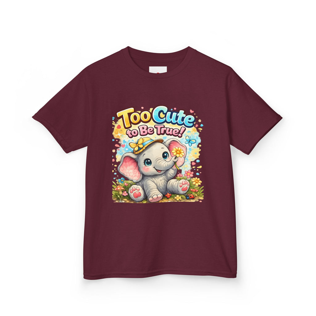Kids Tee — "Too Cute to Be True" Elephant Graphic