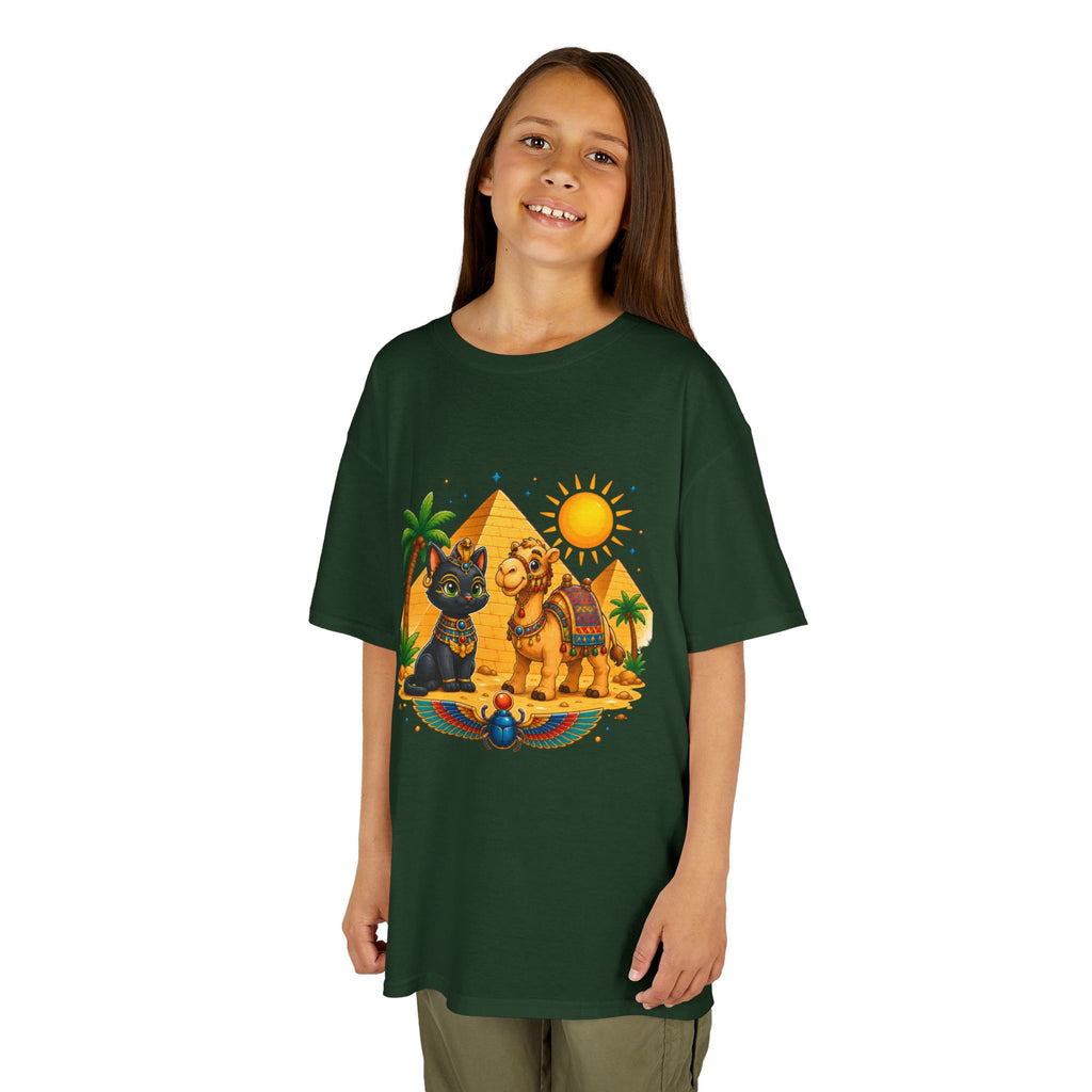 Egyptian Cats and Camel Kids Tee | Pyramid Desert Sun Illustration