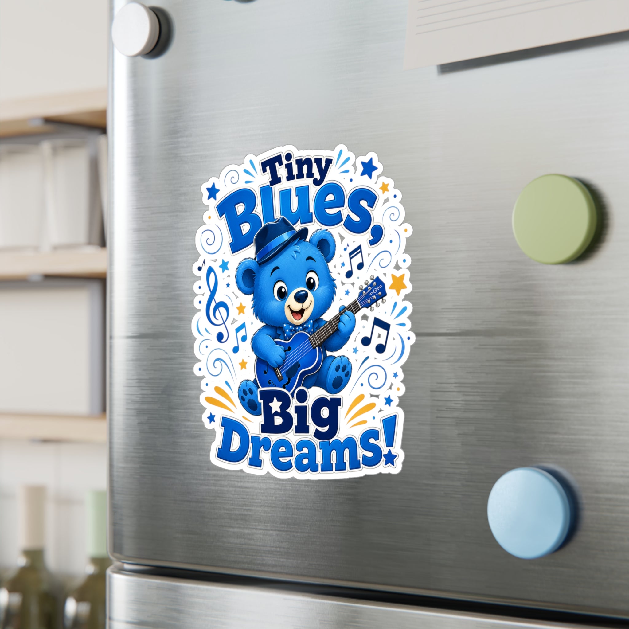 Tiny Blues Big Dreams Sticker — Cute Blue Bear Guitar Kiss-Cut Vinyl Decal
