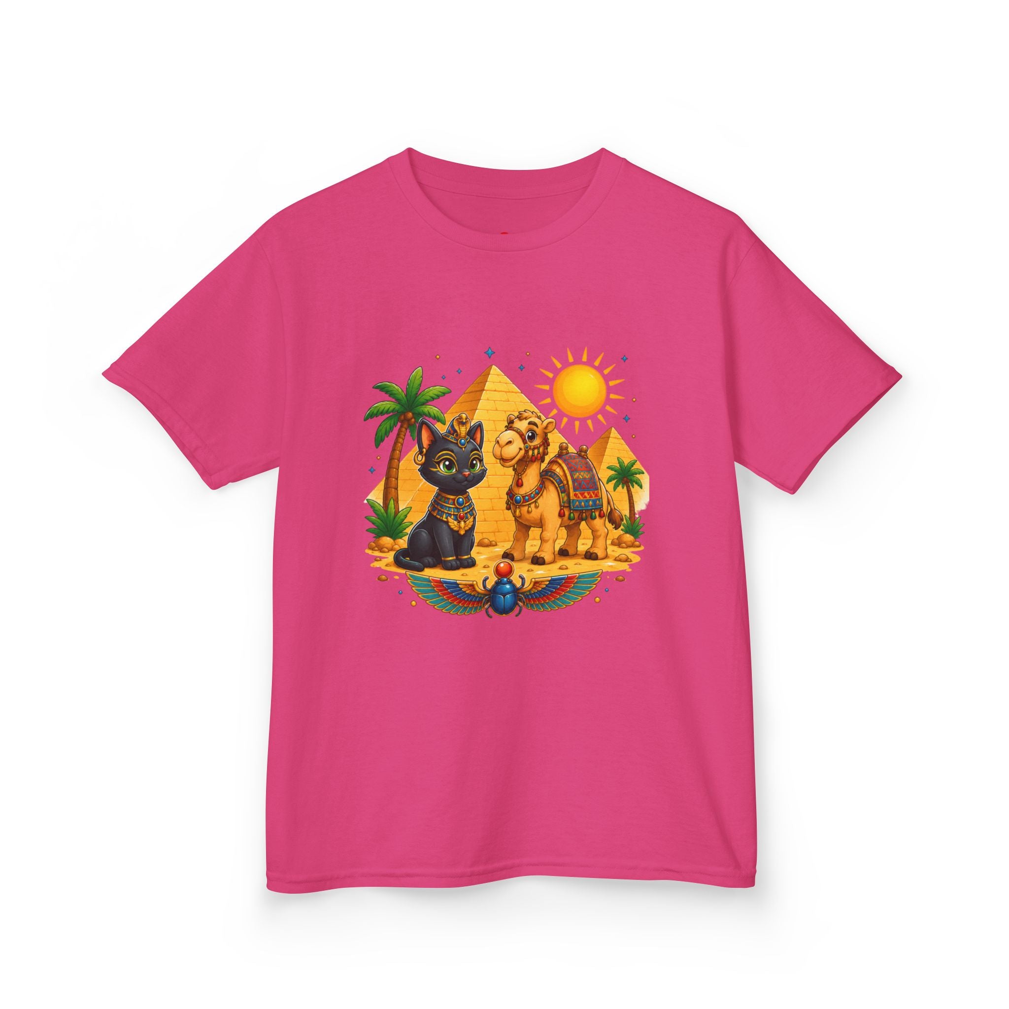 Egyptian Cats and Camel Kids Tee | Pyramid Desert Sun Illustration