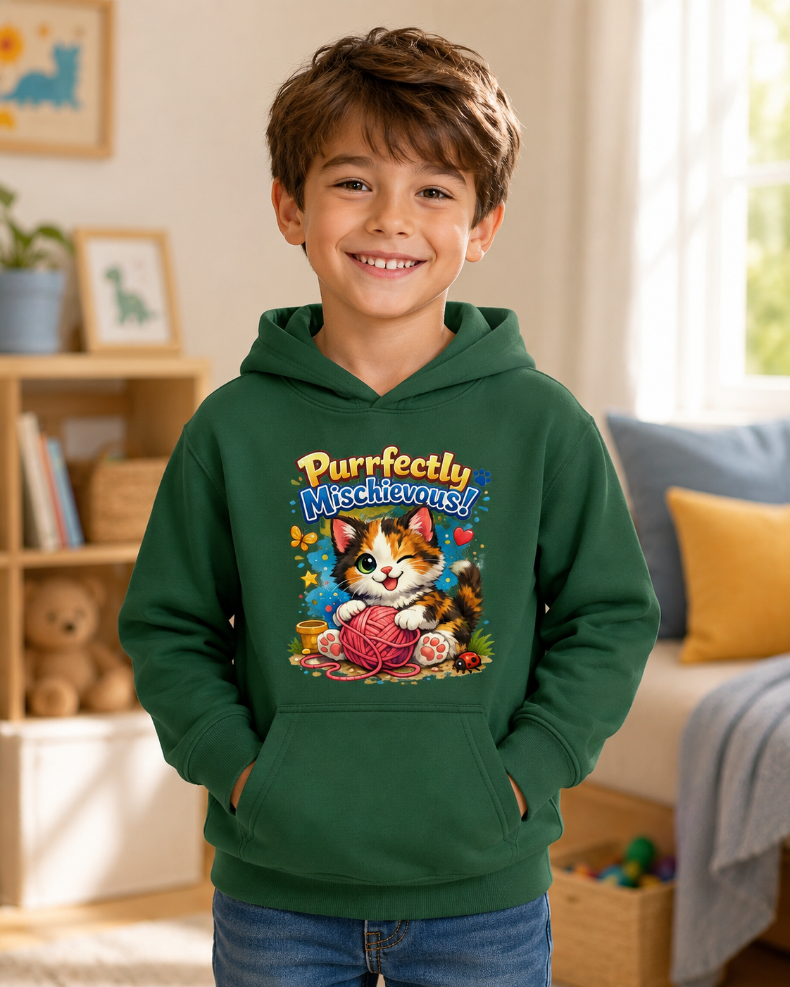 Kids Hoodie — "Purrfectly Mischievous" Cat Graphic Hoodie for Children