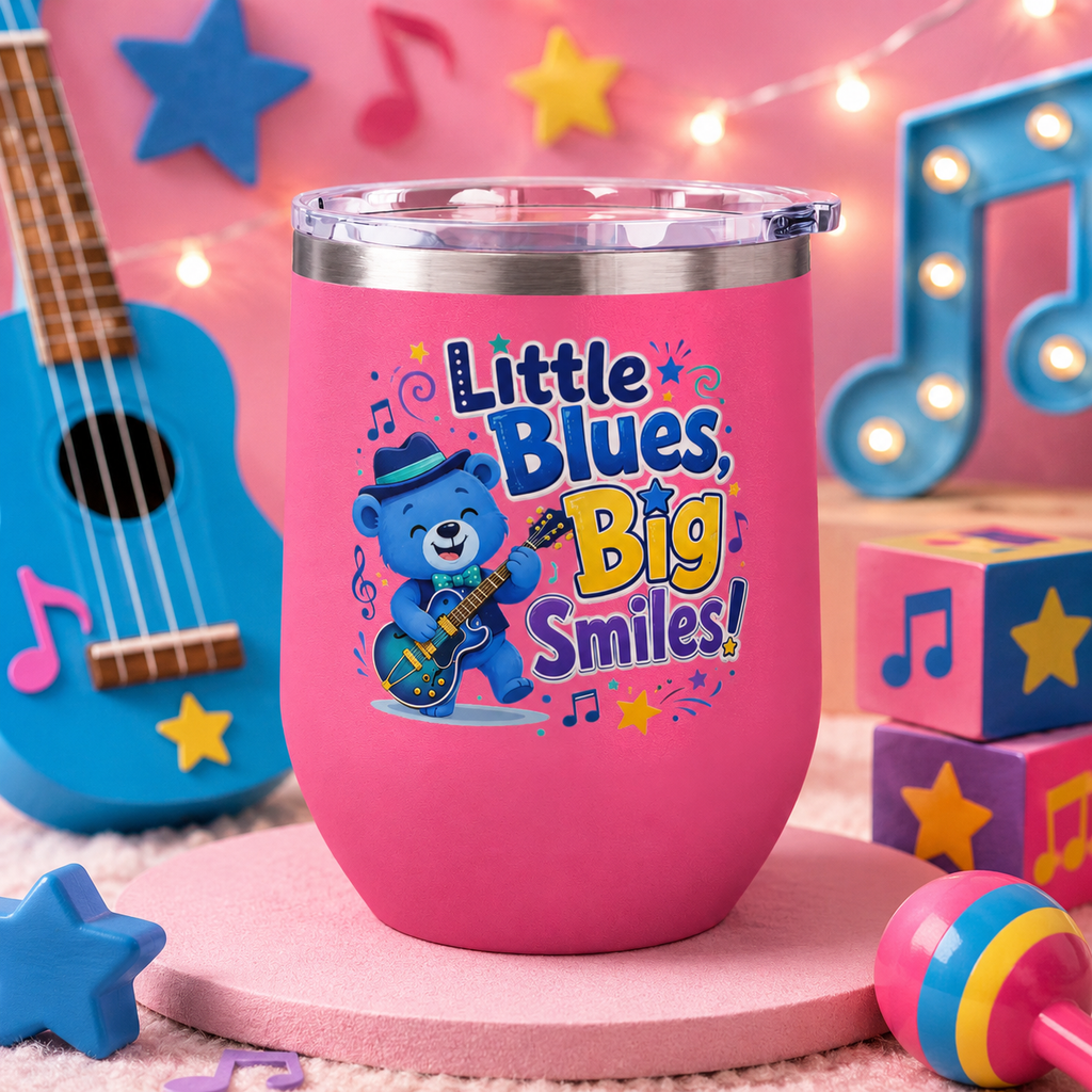 "Little Blues, Big Smiles" Cute Blue Bear Music 12oz Insulated